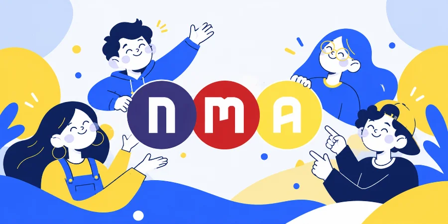 رسومات شخصيات NMA بألوان العلامة التجارية مع شعار NMA في المنتصف